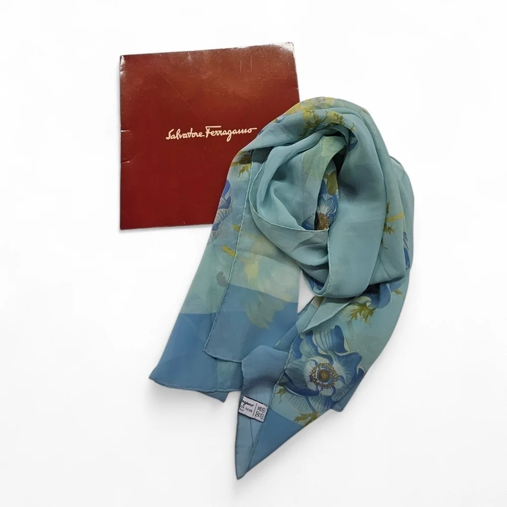 Salvatore Ferragamo Blue Floral Silk Scarf